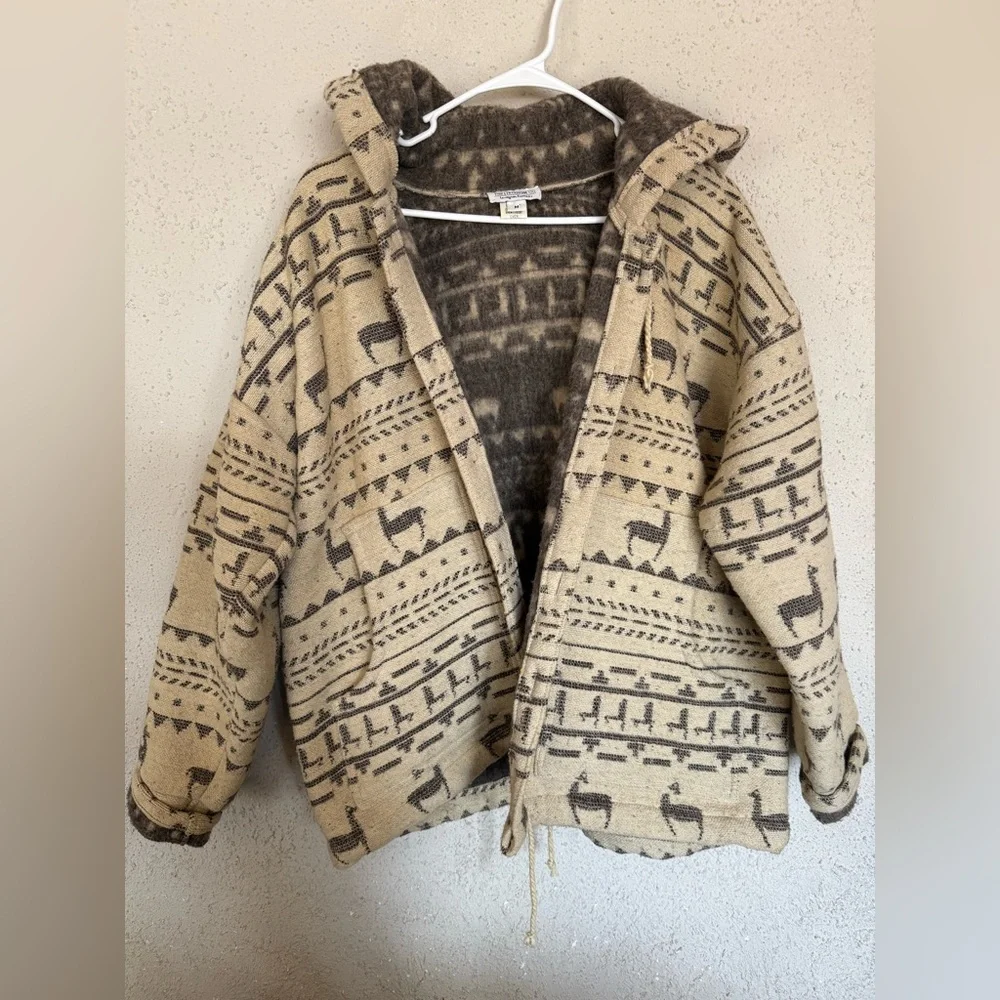 J. Peterman Beige and Brown Patterned Hooded Bomber Jacket 85% wool/15% cotton